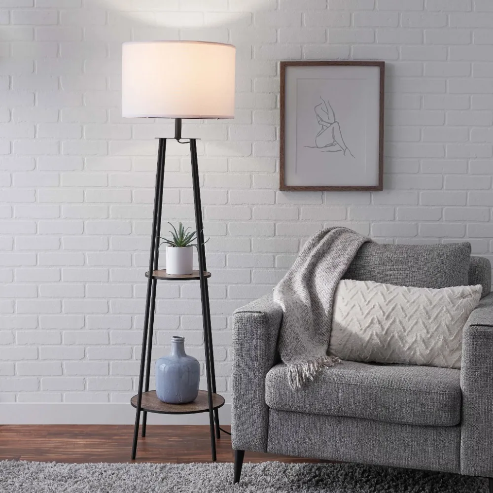 

Etagere 62" Matte Black Mid-Century Style Floor Lamp, with 2 Wood Shelves Adjustable Head Energy Efficient