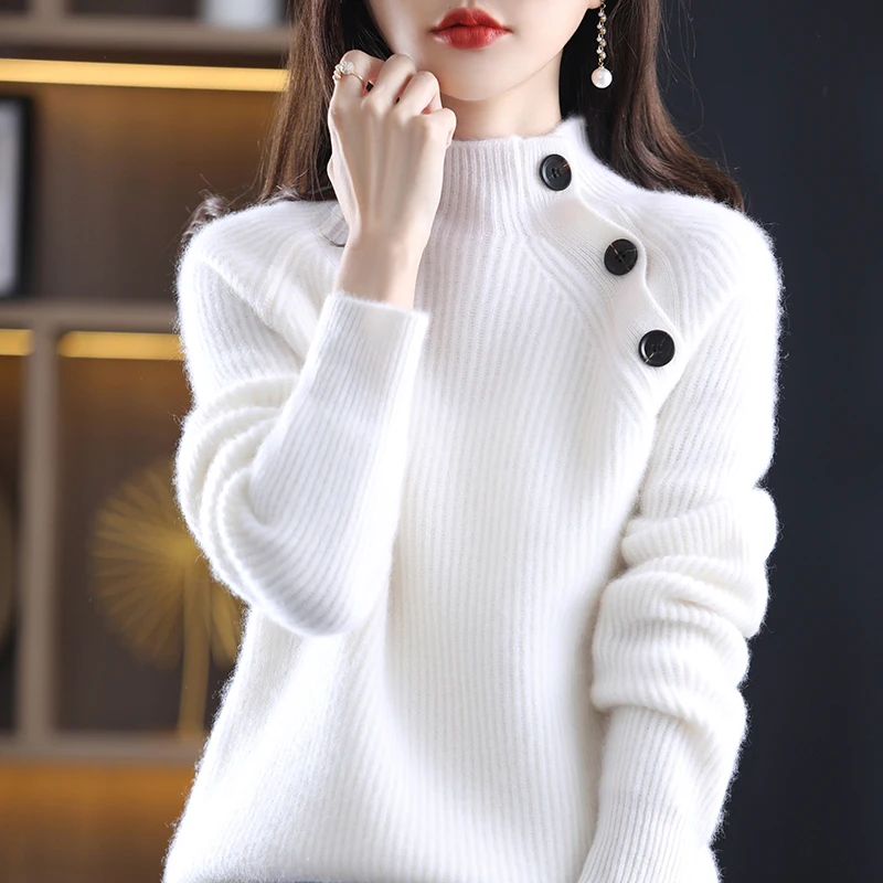 Autumn/Winter New 100% Wool Sweater Casual Pullover Thickened Knitwear Half Turtleneck Ladies Tops Overside Loose Button Blouse
Autumn/Winter New 100% Wool Sweater Casual Pullover Thickened Knitwear Half Turtleneck Ladies Tops Overside Loose Button Blouse
