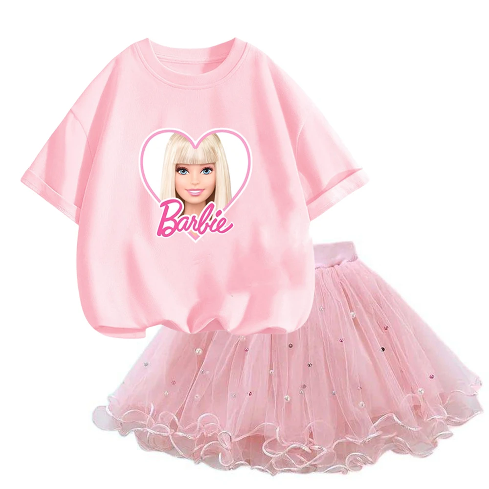 

Fashion Children Party Clothing Girls Barbie Clothes Korean Pretty T Shirt&mesh Tutu Skirt Two Piece Outfits Set 3-14 Years