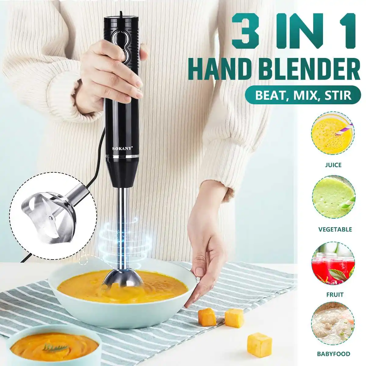 

3-in-1 Immersion Hand Stick Blender 300W 2 Speeds Electric Food Vegetable Grinder Hand-held Cooking Complementary Food Machine