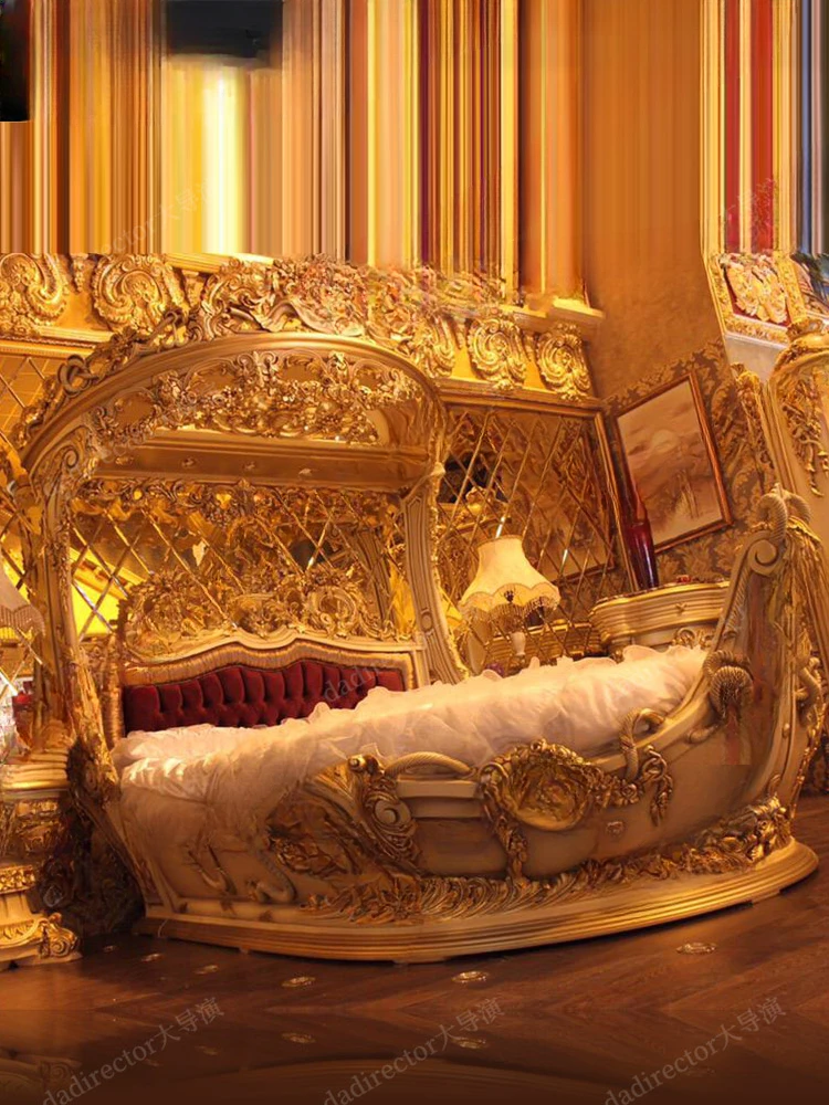 

European luxury double bed, solid wood carved princess bed, French emperor gold leaf wedding bed, court villa, pirate ship bed