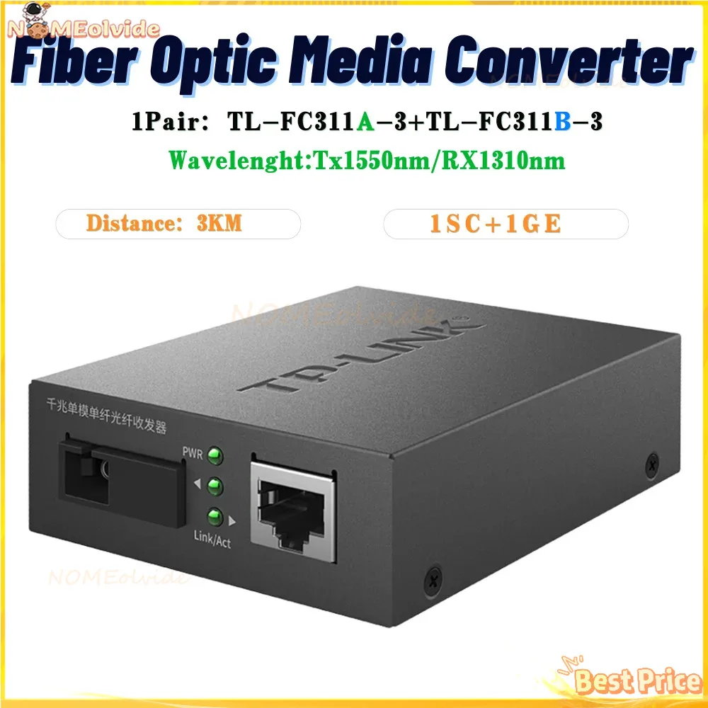 

TP-LINK Fiber Optic Media Converter 1000M 1SC+1GE TL-FC311A-3 + TL-FC311B-3 Fiber Transceiver SM Single-fiber SC Interface