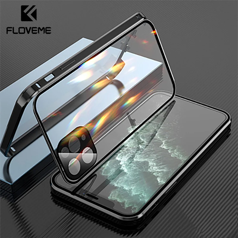 

FLOVEME Ultra-thin Clear Glass Phone Cases For iPhone 14 13 Pro Max Case Double Sided Buckle Full Coverage Glass Anti-drop Cover