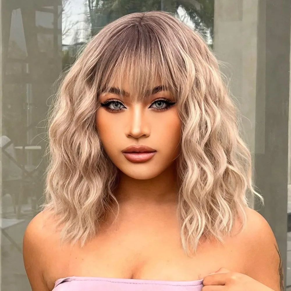 

Short Ombre Blonde Wig With Bangs Shoulder Length Curly Wavy Bob Wig for Women Natural Looking Synthetic Curly Blonde Bob Wig