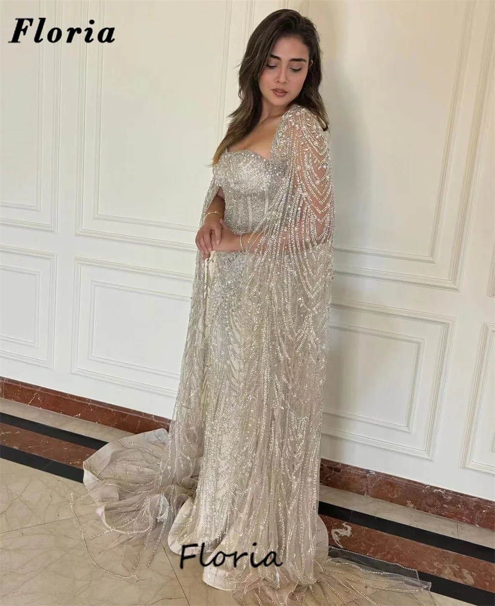 

Kaftans Sliver Long Evening Dresses Cape Sleeves Full Beading Sequins Celebrity Prom Dress Vestidos De Noche Dubai Party Gowns