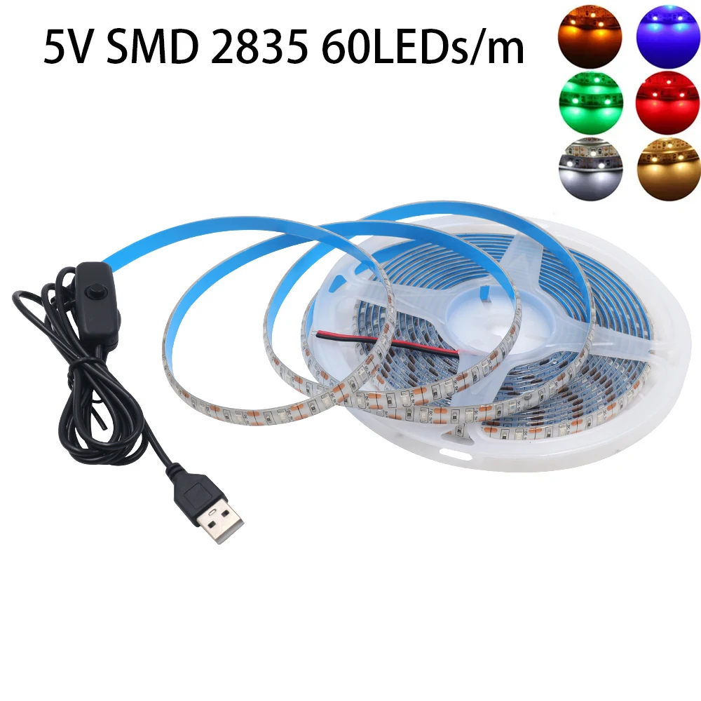 

DC 5V USB 2835 LED Strip with ON/OFF Switch 60Leds/m IP21 IP65 Waterproof TV Backlight Flexible LED Tape 0.5M 1M 2M 3M 4M 5M