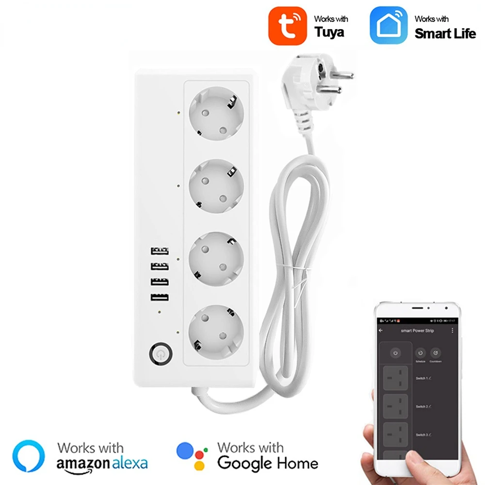 

EU Wifi Smart Electrical Socket Power Strip Plug 4 Socket Outlets USB Port Timing Voice Control fit Tuya Alexa Google Assistant