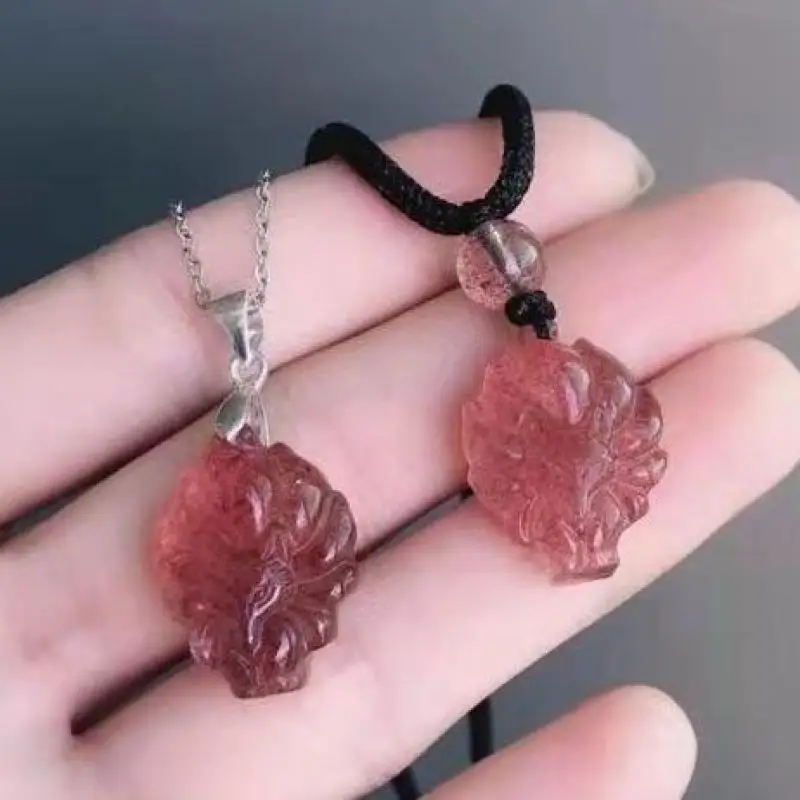 

Natural Strawberry Quartz Nine Tailed Fox Pendant Women Healing Gemstone Fine Jewelry Pink Crystal Fox Charms Lucky Amulet Gifts