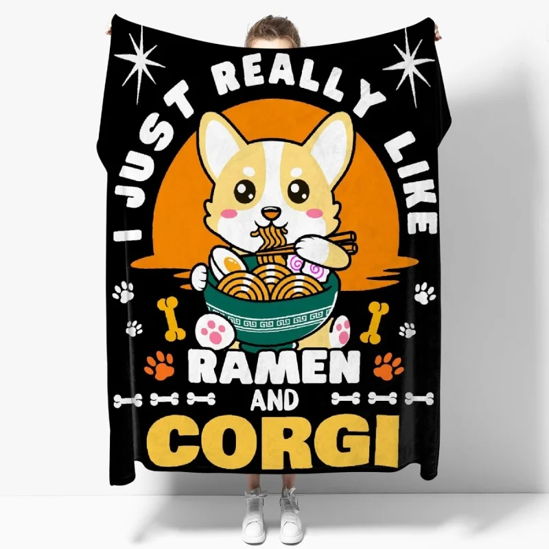 

I Just Really Like Ramen and Corgi Blanket Lightweight Soft Flannel Fleece Throw Blankets for Couch Bed Sofa Practical Gifts