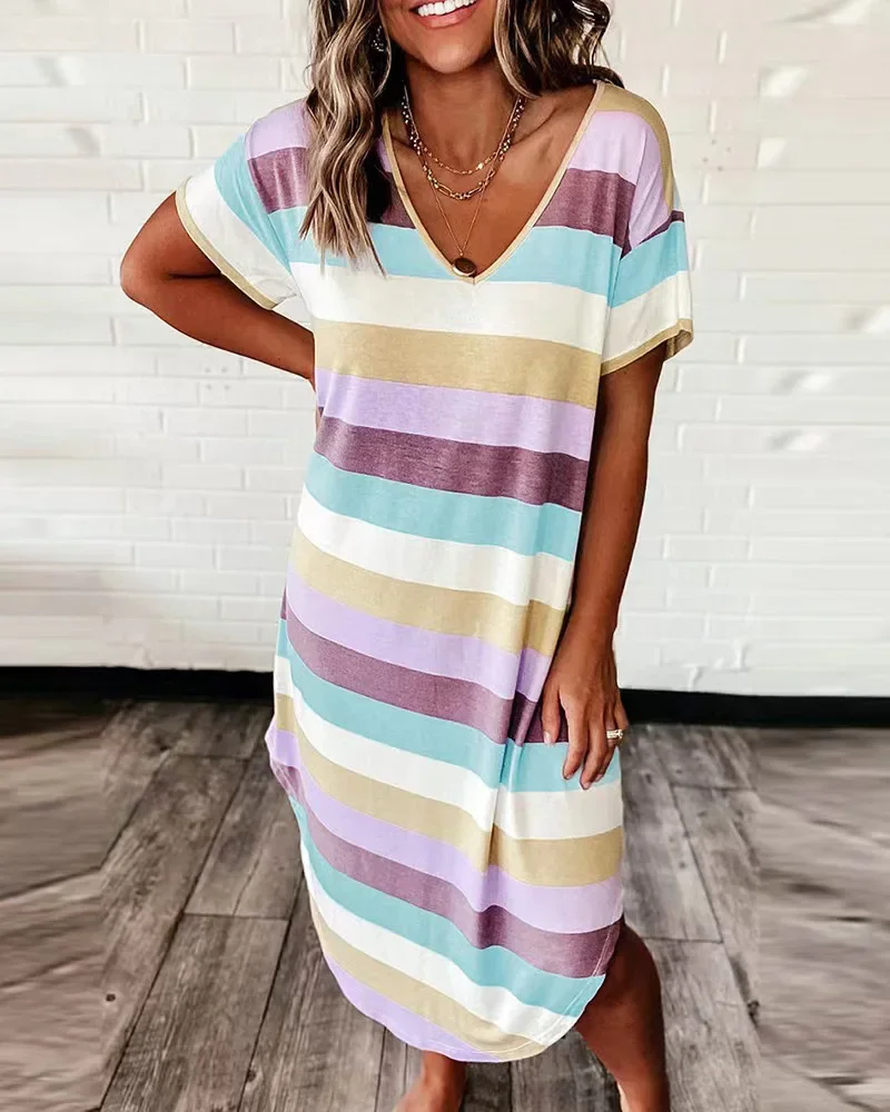 

2024 Summer New Short Sleeve Contrast Color Dress Women Loose Casual Striped Printed Long Skirt Fashion V Neck Slit Dress Lady