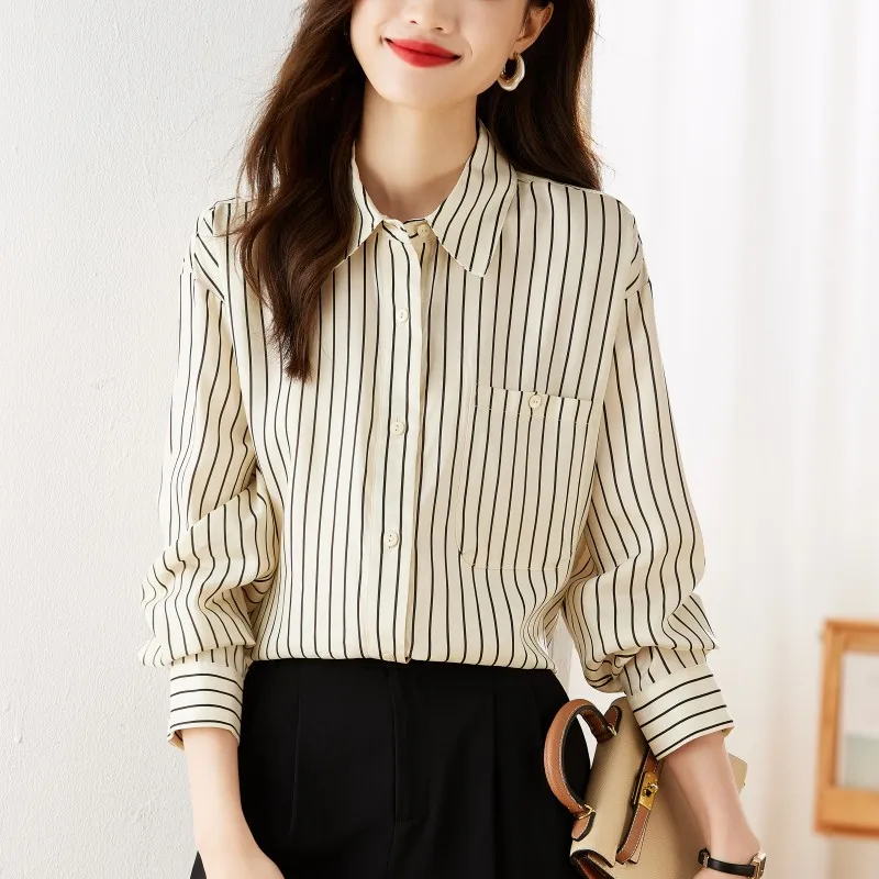 2023 Spring Autumn New Korean Version Elegant Women's Long Sleeve Commute Loose Stripe Blouse Fashion Clothing Polo Neck T700
2023 Spring Autumn New Korean Version Elegant Women's Long Sleeve Commute Loose Stripe Blouse Fashion Clothing Polo Neck T700