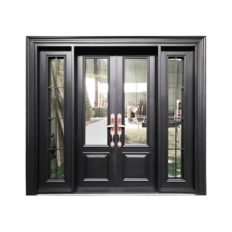 

Luxury Design High Quality Wrought Iron Security Front Entry Door - Forged Iron Component Double Tempered Glass