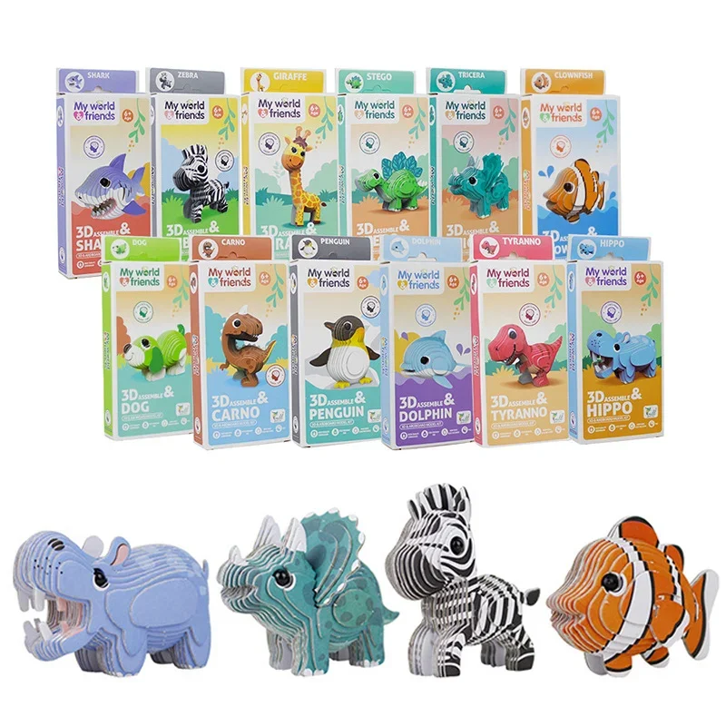 

3D Paper Puzzle Animal Model Toy Boxed Dinosaur Giraffe Hippo Shark Spelling Funny Puzzle Fine Movement Training Educational Toy