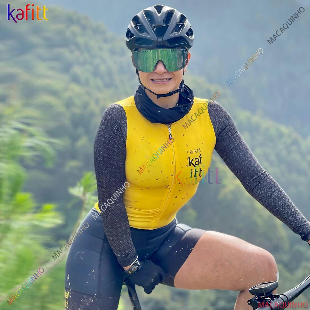 

Kafitt Women's Yellow Long Cycling Triathlon Clothes Skinsuit Sets 20D Gel Pad Macaquinho Ciclismo Feminino Jumpsuit Kits Summer