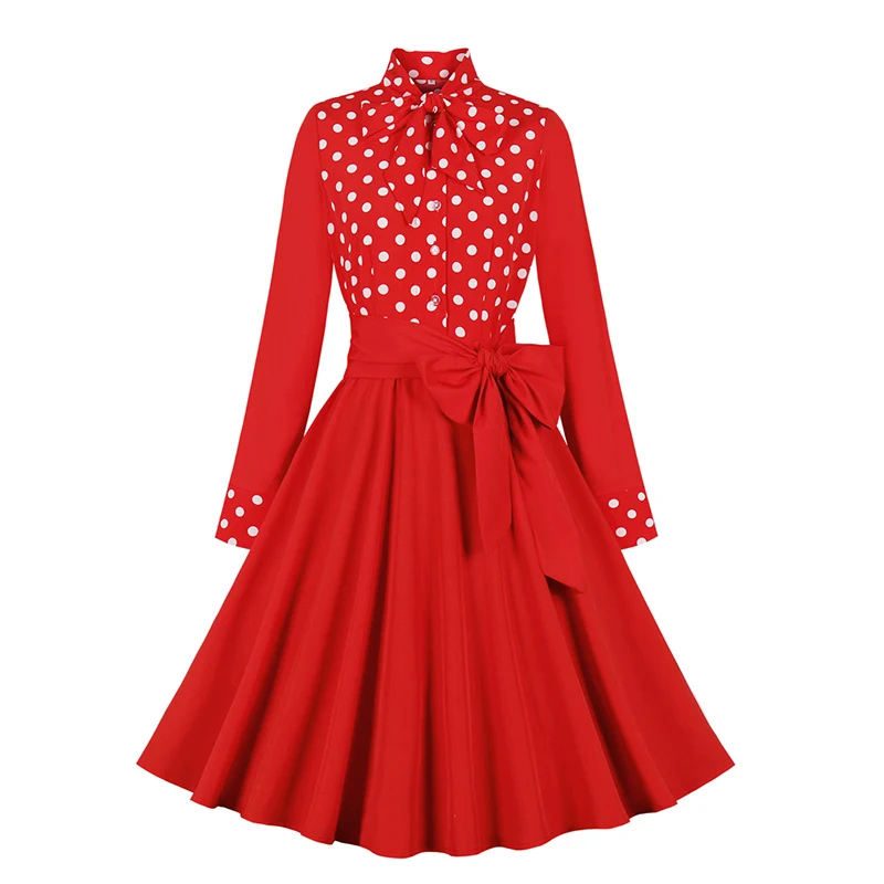 

Spring Autumn Women Long sleeve Bow Polka Dot Printed Elegant Ladies Vintage retro Rockabilly pin up Party skater dress