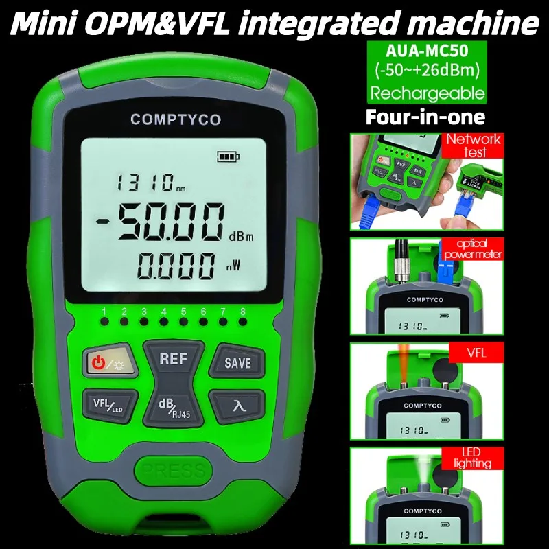 Rechargeable Mini Optical Power Meter(OPM -50~+26dBm)&Visual Fault Locator(VFL 1/10/15/30/50mw) Multifunction Fiber Optic Tester
Rechargeable Mini Optical Power Meter(OPM -50~+26dBm)&Visual Fault Locator(VFL 1/10/15/30/50mw) Multifunction Fiber Optic Tester