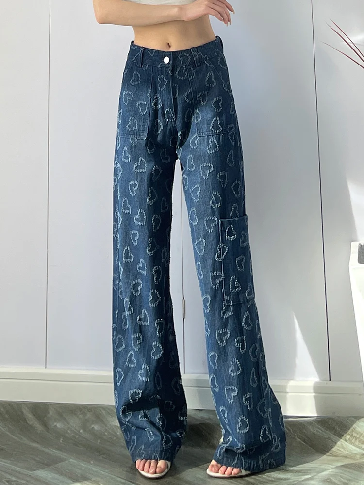 

Woman New Fashion High Waist Stacked Punk Straight Leg Jeans Female Blue Love Washed Hotsweet Oversized Y2k Baggy Wide Leg Pants