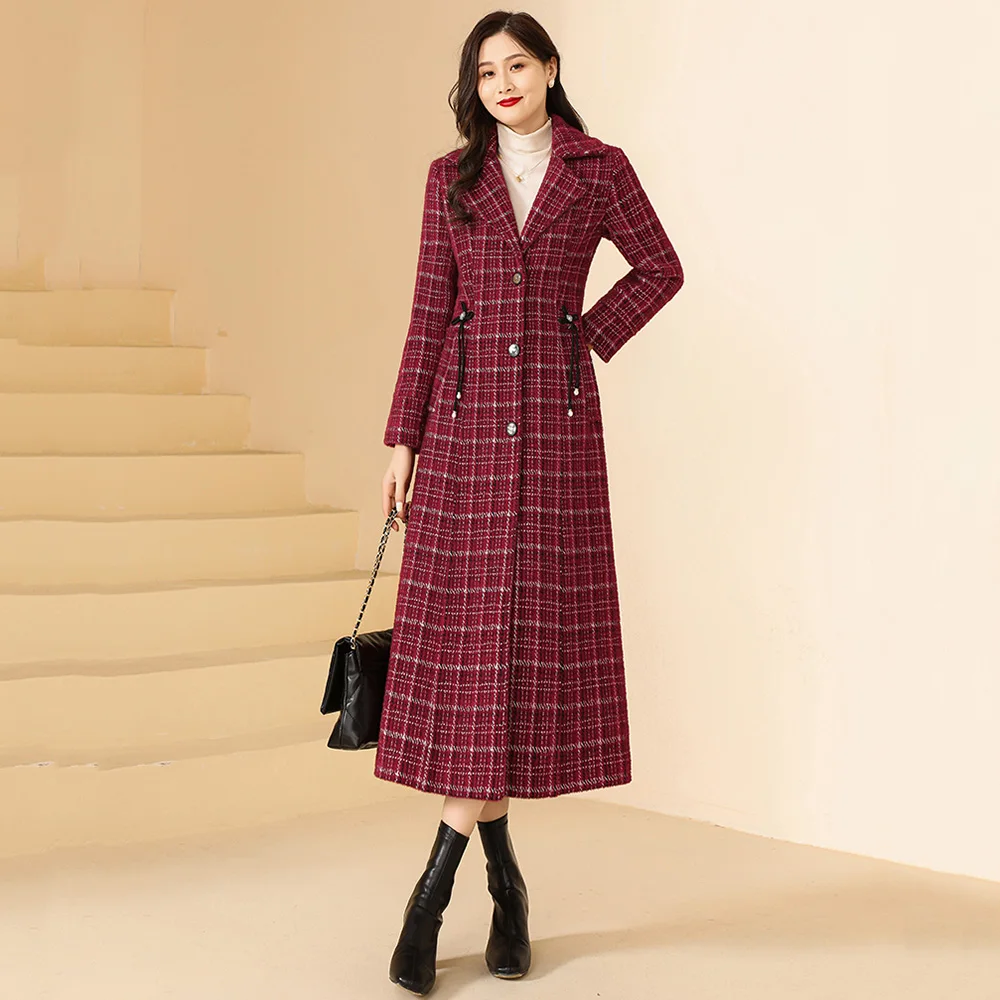 New Women Dark Red Plaid Woolen Coat Autumn Winter Elegant Fashion Suit Collar Single Breasted Slim Wool Blended Overcoat
New Women Dark Red Plaid Woolen Coat Autumn Winter Elegant Fashion Suit Collar Single Breasted Slim Wool Blended Overcoat