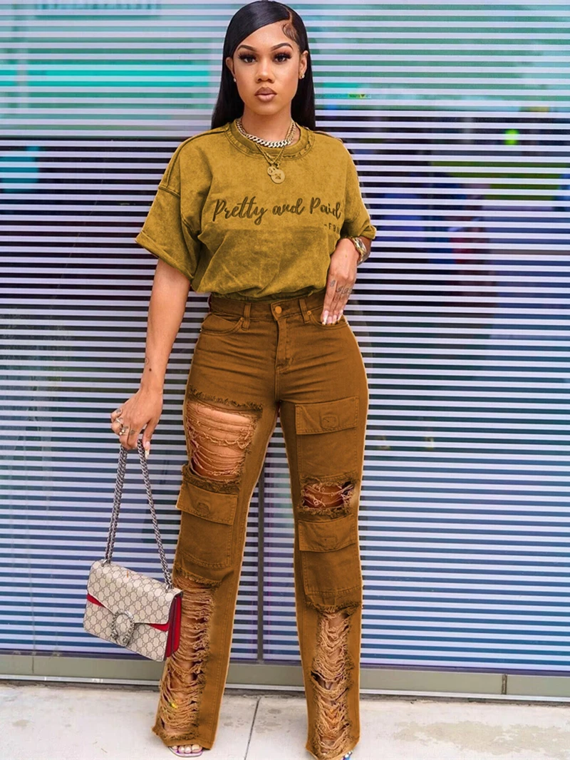 Streetwear INS Tracksuit Women Two 2 Piece Set Outfits Summer Clothes Letter Print T-Shirt and Ripped Jean Pants Suit Woman Sets
Streetwear INS Tracksuit Women Two 2 Piece Set Outfits Summer Clothes Letter Print T-Shirt and Ripped Jean Pants Suit Woman Sets