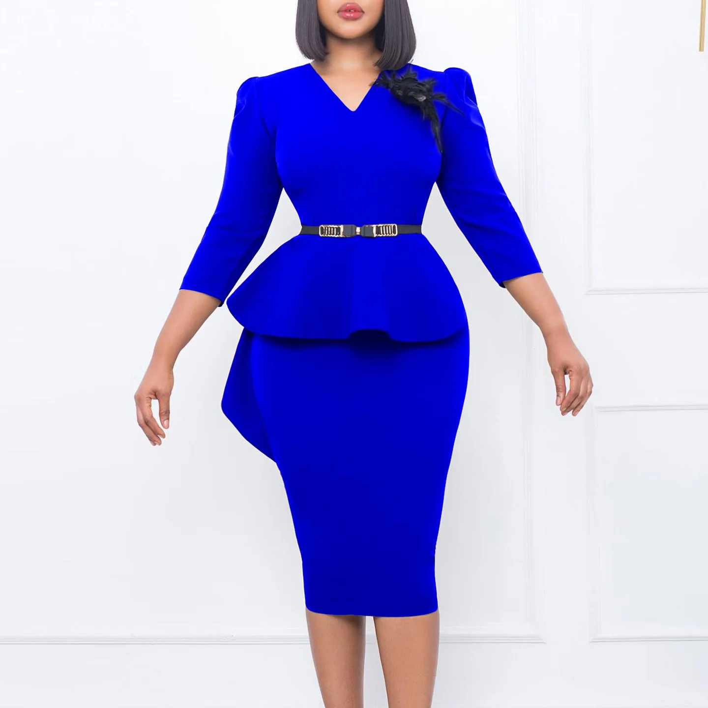 

2023 африканские платья для женщин, летнее Африканское платье с V-образным вырезом и рукавом 3/4 из полиэстера, оранжевое, синее платье длиной до колен, африканская одежда Дашики