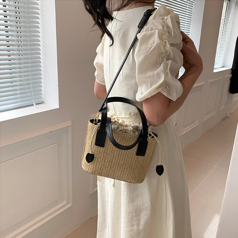 Knit Straw Bucket Tote - Woven Beach Travel Bag with Wrist Handle 11 S40c19f3280b44791b0e29b5c68a527afM