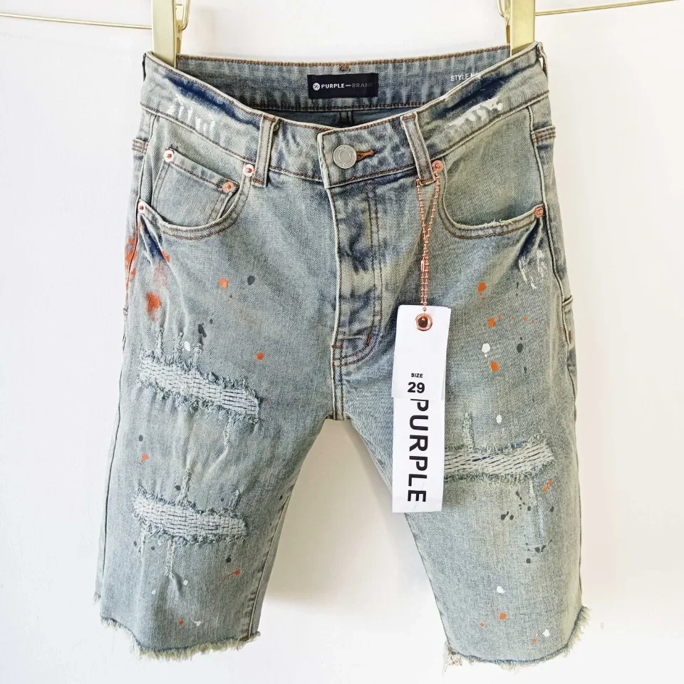 

Purple brand jeans with vintage burr edges and holes, washed denim shorts for men Repair Low Raise Skinny Denim Skinny pants