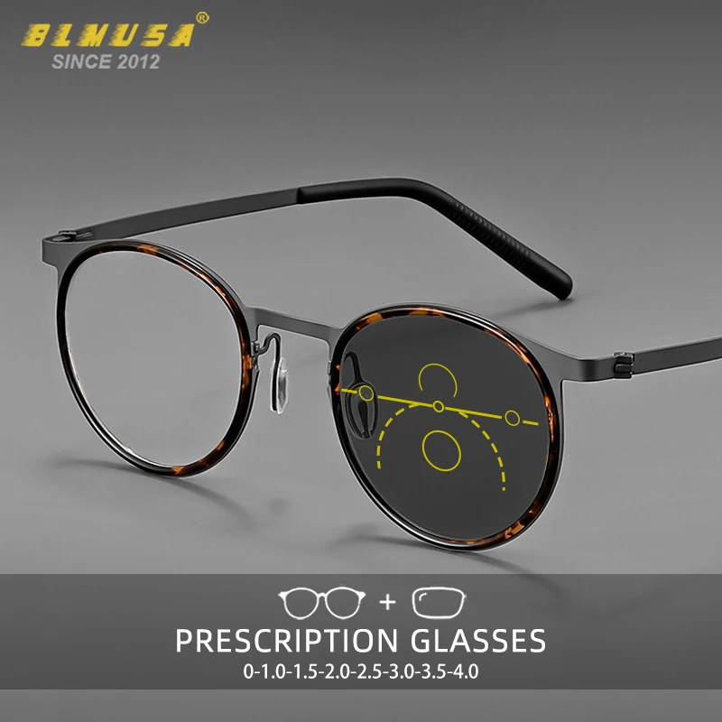 

BLMUSA Vintage Round Optical Frame Anti Blue Light Reading Glasses for Men Ultralight Titanium Progressive Photochromic Glasses