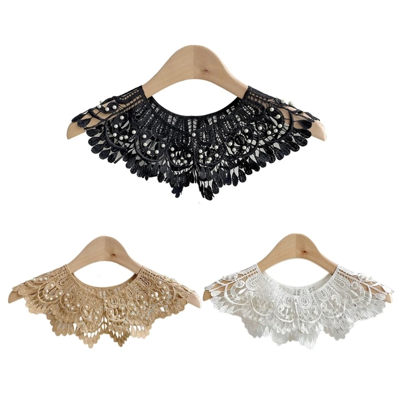 

L93F Sweet Style Hollow Pattern Decorative Collar Fabric Sewing Applique DIY Neckline Pearl Embellished Sweater Collar