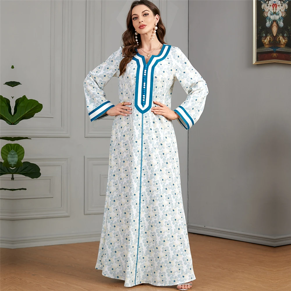 

Kaftan Floral Print Abayas for Women Muslim Maxi Dress Eid Ramadan Gulf Jalabiya Arabic Robe Dubai Turkey Abaya Islamic Caftan