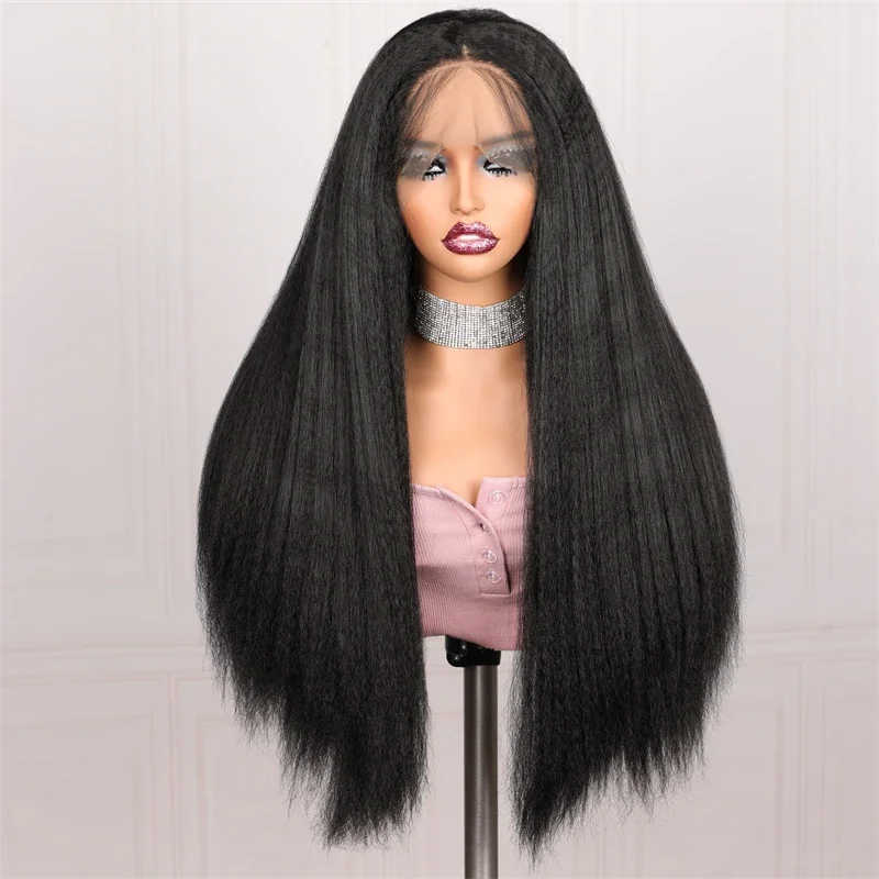 

Мягкий прямой натуральный черный бесклеевой длинный парик Yaki плотностью 180 для женщин, Детские волосы 26 дюймов, Длинные термостойкие предварительно выщипанные