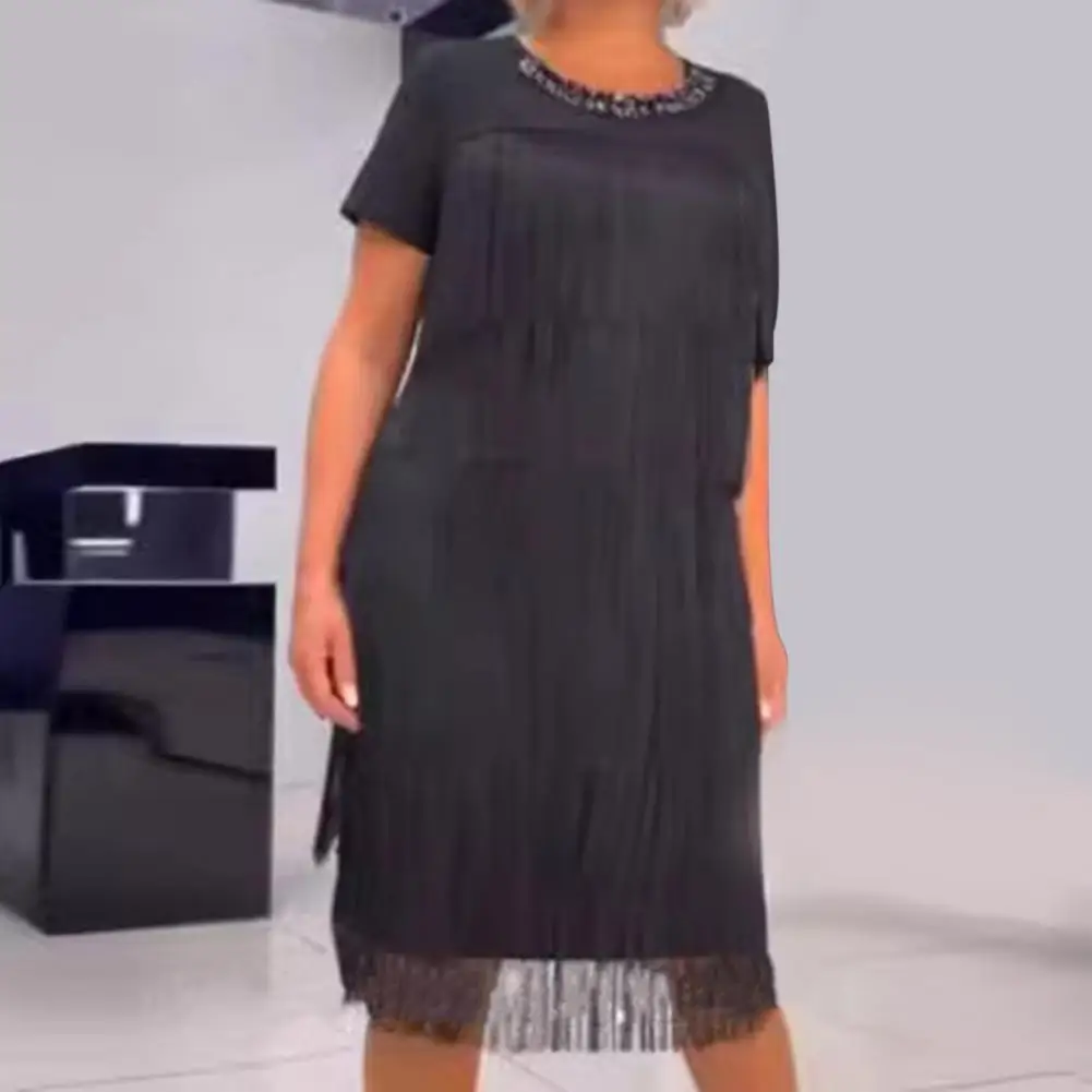 

Платье женское средней длины с бахромой и кисточками, однотонное приталенное платье составного кроя с коротким рукавом и круглым вырезом, до колена, в стиле пэчворк