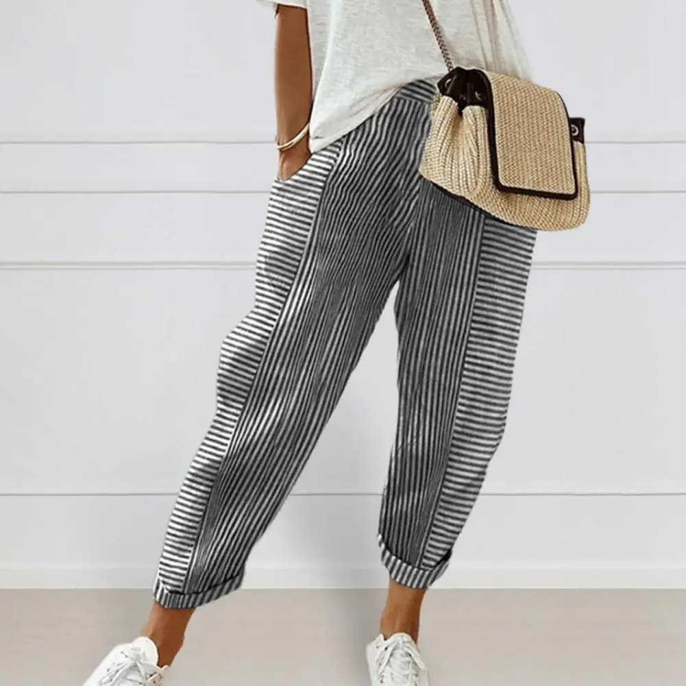 

Women Loose Fit Trousers Stylish Women's Wide Leg Striped Print Harem Pants with Pockets Elegant Drawstring Cropped for Office