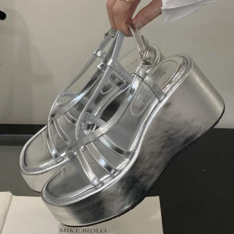 Silver Cross Tied Wedge Women Thick Heel Sandals 2025 Summer New Designer Open-toe Flat Roman Shoes Fashion Casual Office Sandal 36 S40d17b2944cf4d0a8007f677c4002daf8