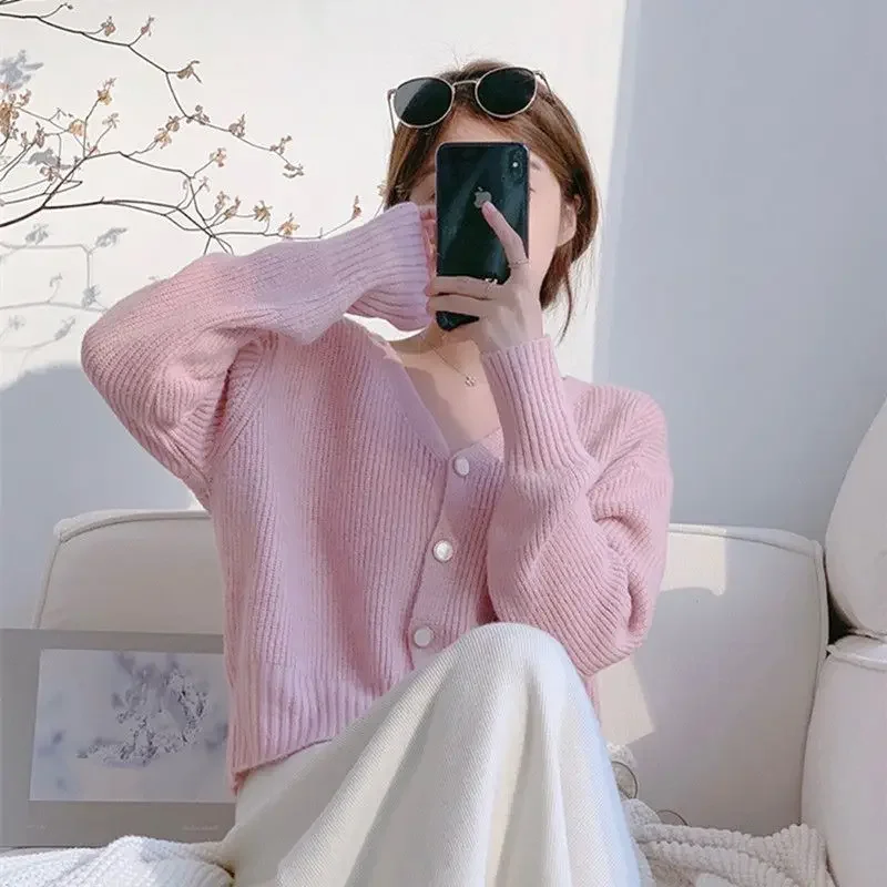 

Pink V-neck knitted cardigan women short early spring gentle style loose slouchy jumper jacket milky tops for women 2024