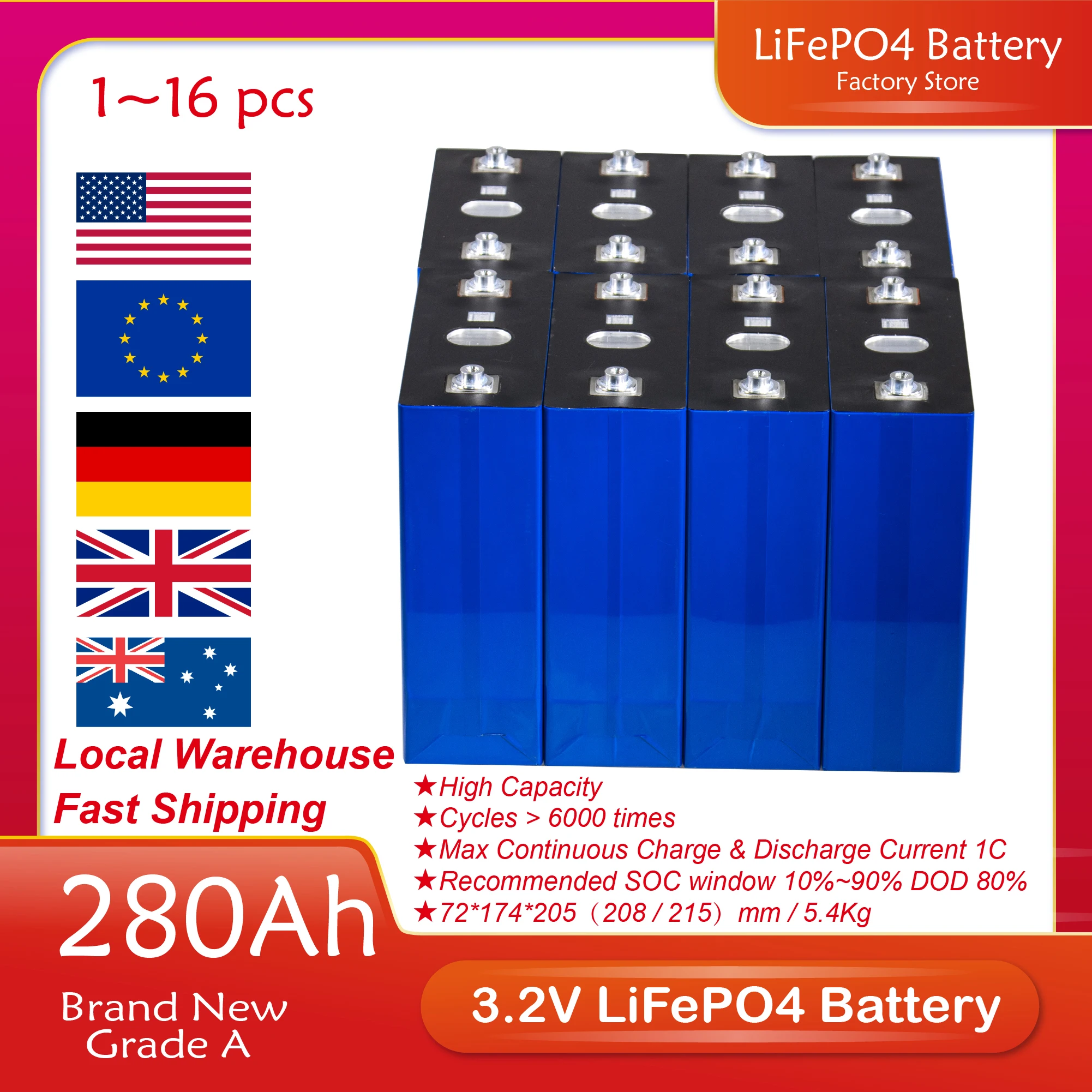 280Ah 3.2V LiFePO4 battery Lithium Iron Phosphate Battery for 12V 24V Golf Cart Yacht solar RV
280Ah 3.2V LiFePO4 battery Lithium Iron Phosphate Battery for 12V 24V Golf Cart Yacht solar RV