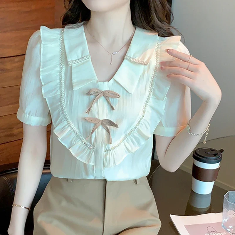 

New Casual Short Sleeve Women's Shirts Fashion Chiffon Blouse Women Elegant Summer Female Clothing Apricot V Neck Tops 24574