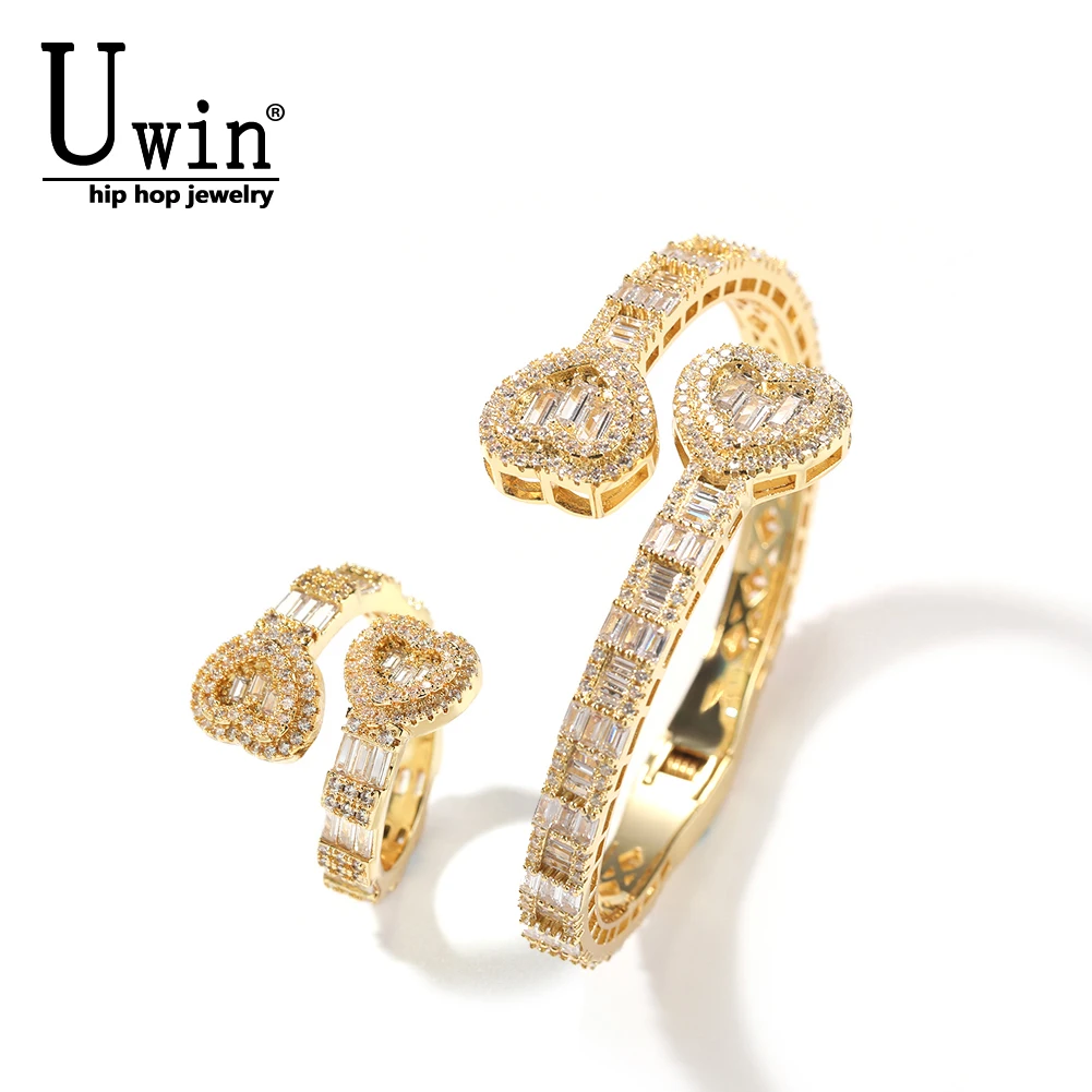 

Uwin Heart Rings Adjustable Cuff Bangle Jewelry Set Full Iced Out Bling Cubic Zirconia Punk Luxury Jewelry Gifts For Women