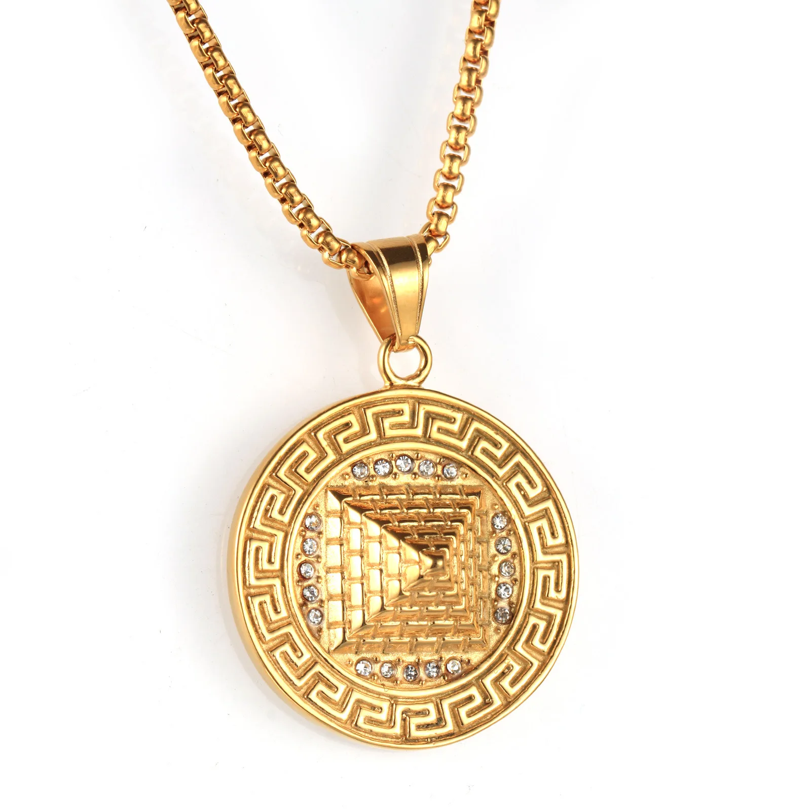

Megin D нержавеющая сталь титан желтый позолоченный панк Пирамида круглый кулон ошейник цепи ожерелье для мужчин женщин подарок ювелирные изделия
