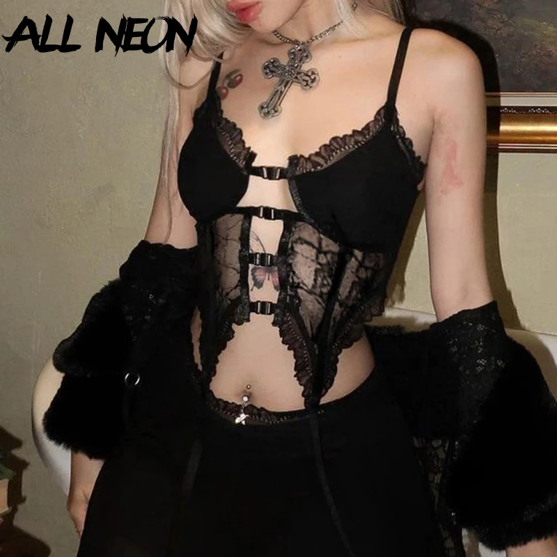 

ALLNeon Mall Goth Chic Ribbon Hollow Out Straps Tanks Sexy Lace Patchwork Backless Crop Vest See Through Clubwear Lingerie Slim