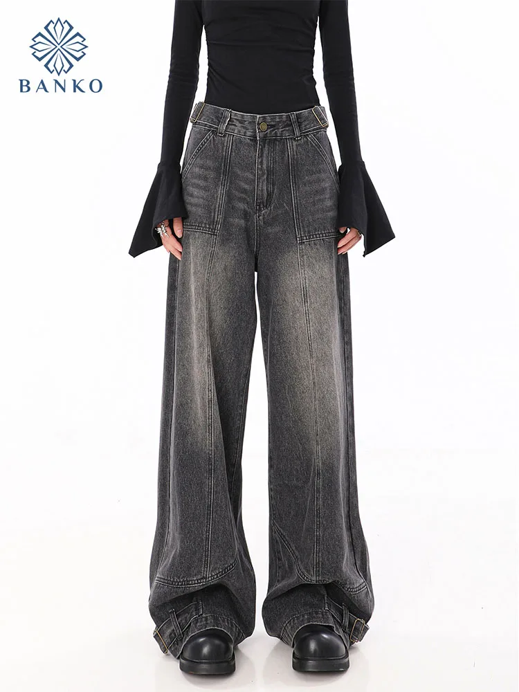 

Women Vintage Hiphop High Waist Black Jeans Ripped Baggy Wide Leg Pants Denim Trouser Fashion Tide Streetwear High Street Gothic