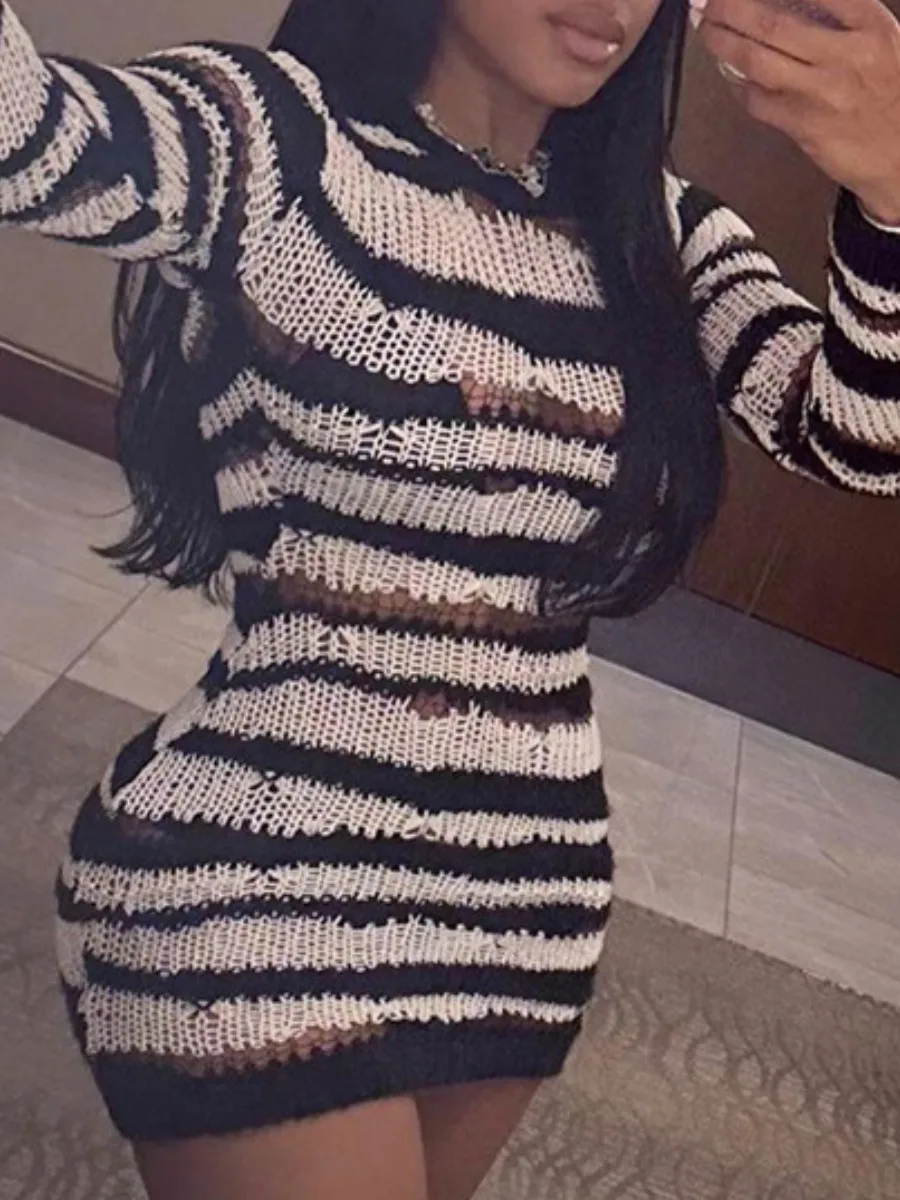 

LW Mesh Striped Bodycon Sweat Dress Hollow Out Sexy Color Contrast Black And White Mini Dresses Sheath Hipster Skirts