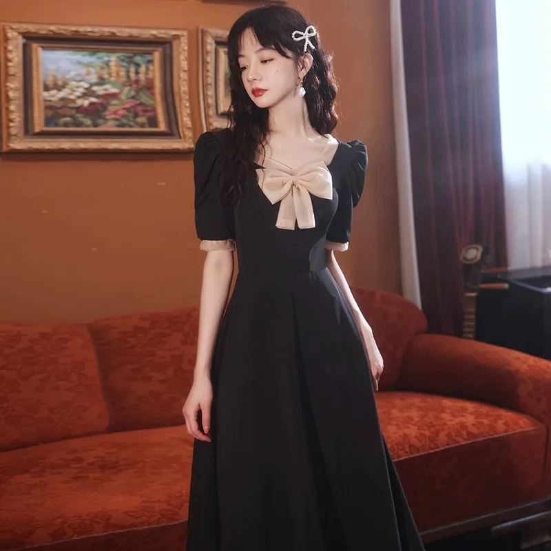 Bow Applique Birthday Dress Women V-neck Patchwork Bubble Sleeve Evening Dresses French Elegant Simple Cocktail Gown
Bow Applique Birthday Dress Women V-neck Patchwork Bubble Sleeve Evening Dresses French Elegant Simple Cocktail Gown