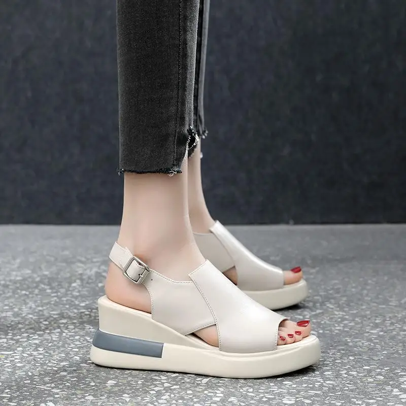 

Thick soled sloping heel sandals for women's 2023 new summer high heeled soft leather women's shoes