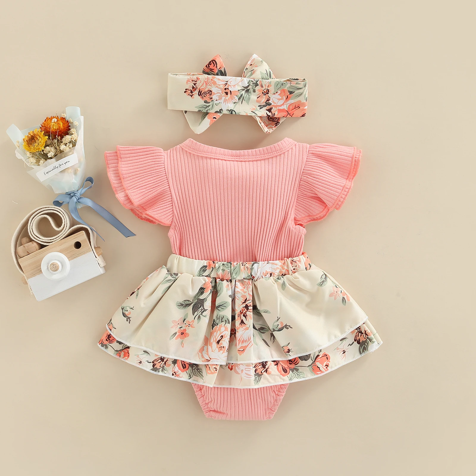 

Baby Romper with Headband, Flower Print Round Neck Fly Sleeve Fake Two Pieces Bodysuit+ Hairband, 0-18 Months