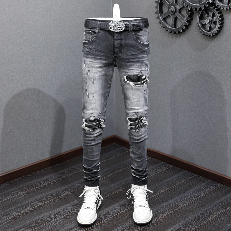 

Street Fashion Men Jeans Retro Black Gray Stretch Skinny Fit Ripped Jeans Men Leather Patched Designer Hip Hop Brand Pants Homme