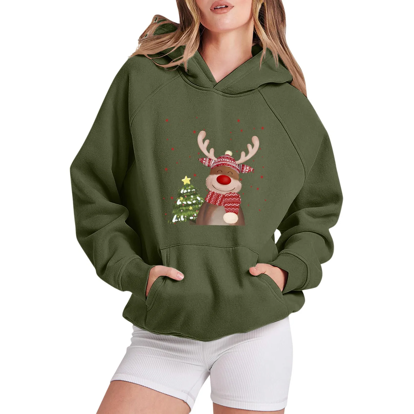

Merry Christmas Graphic Hoodies Sweatshirt Women Long Raglan Sleeve Christmas Snowflake Santa Tree Hat Hooded Sweater Tops