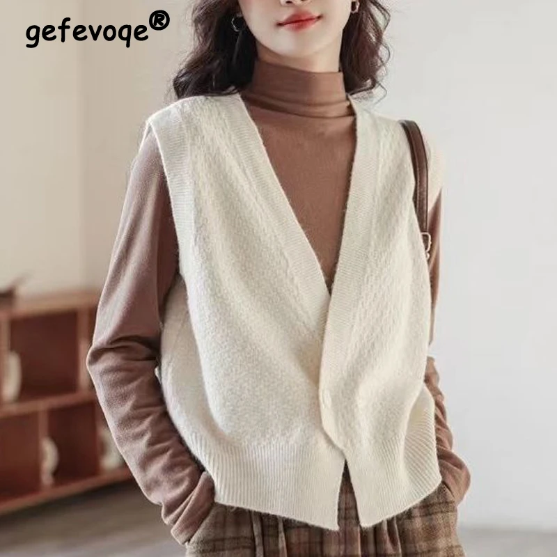 

Vintage Simple Style Solid Loose Sleeveless All Match Knitted Sweater Vests Women Spring Autumn Fashion Casual Chic Street Tops