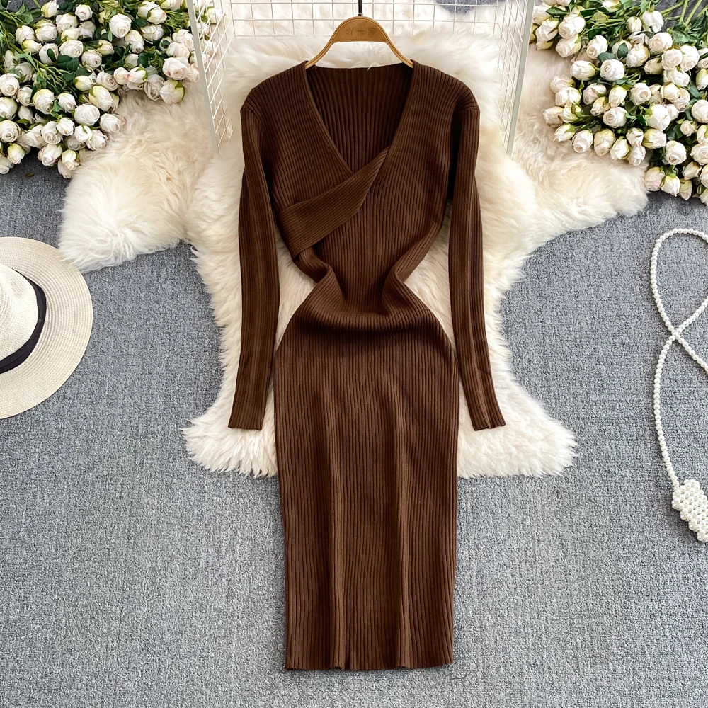 Fashion Feminine Elegant Bodycon Sweater Dress Women Long Sleeve V-neck Waistband Slimming Knit Dress Mid Length Knitted Dresses
Fashion Feminine Elegant Bodycon Sweater Dress Women Long Sleeve V-neck Waistband Slimming Knit Dress Mid Length Knitted Dresses