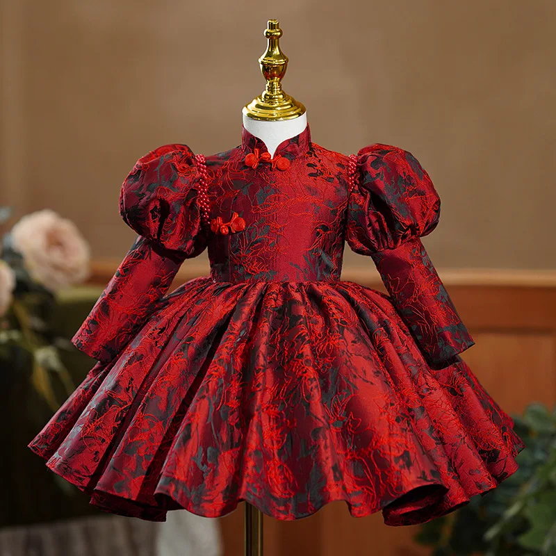 

Newborn clothing Baby girls dress New Year Long sleeved wine red Jacquard princess tutu dress infant 1st birthday party clothes