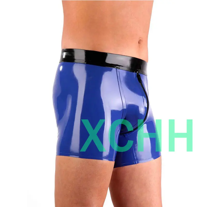 

Rubber Shorts Latex Boxer Blue with Black Male Underwear with Front Zip Handmade